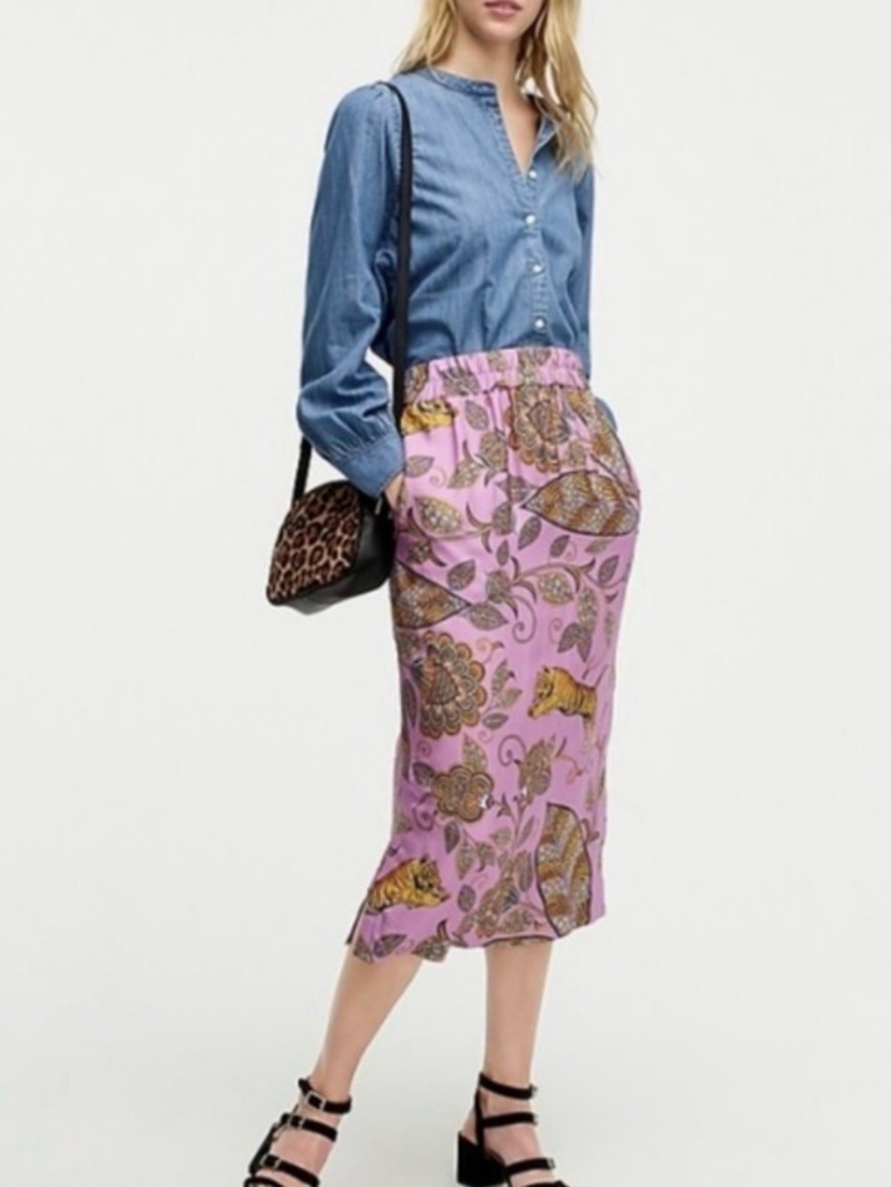 J. Crew Collection Tiger Midi Skirt 2 Slits Pockets Botanical Statement Sz XS